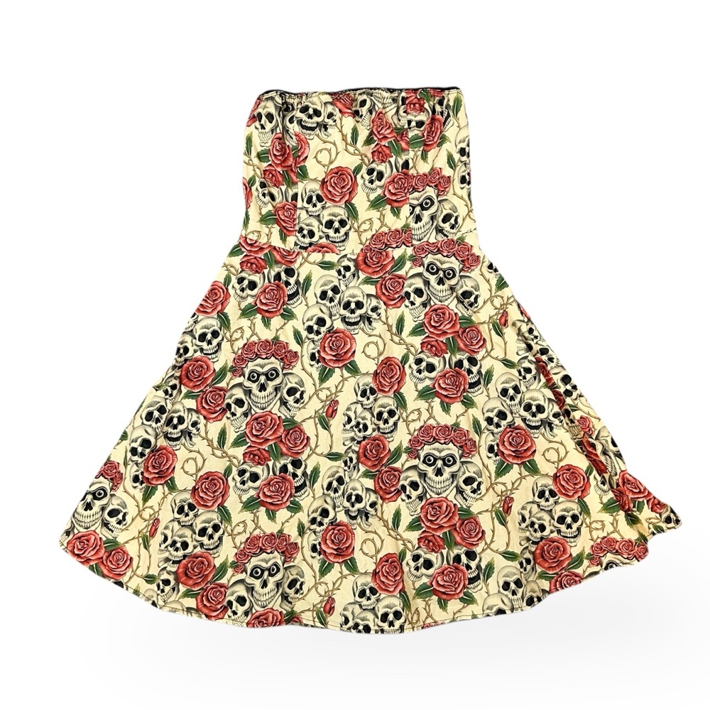 Folter Strapless Tattoo Skull Roses Print Dress Womens L Rockabilly